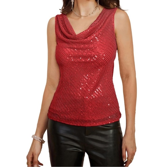 Grace Karin - Sleeveless Cowl Neck Sequin Tank Top - Size XL in Red - Picture 1 of 6